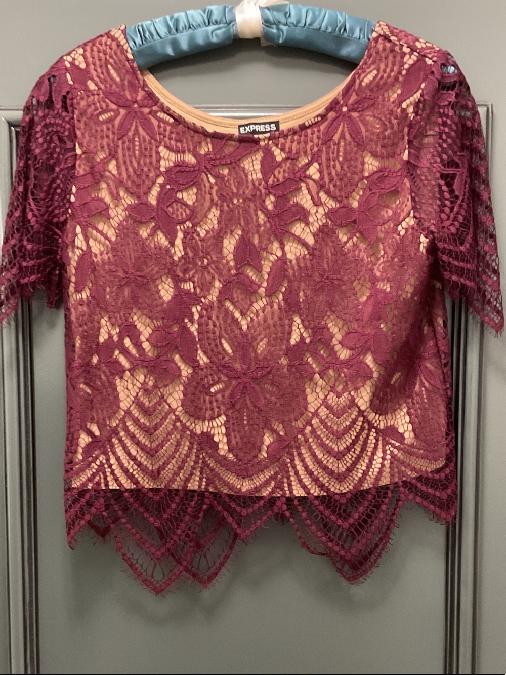 Express Women's Burgundy Lace Overlay Short Sleeve Blouse